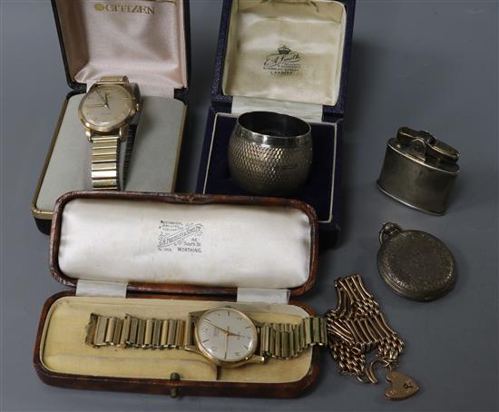 Two watches including Rolex, a pocket watch, silver napkin ring and lighter, a gold coloured bracelet with a 9ct gold clasp
